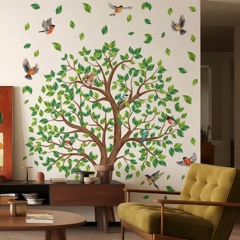 Stickers Muraux PVC Arbres Verts Oiseaux Feuilles Autocollants Amovibles Décoration Salon Chambre Fond Maison Moderne
