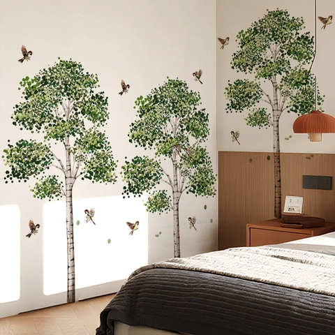 Watercolor Forest Animal Tree Wall Stickers Waterproof PVC Removable Green Leaves Bird Decals For Kids Nursery Bedroom Living Room Home Decor