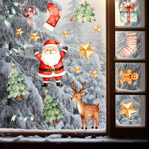 Christmas Window Stickers PVC Watercolor Cartoon Animal Santa Snowman Static Cling For Home Festival Glass Decoration