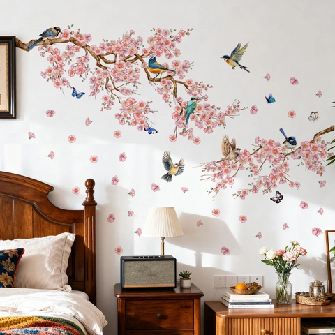 Pink Cherry Blossom Branch Wall Stickers Birds Butterflies Removable PVC DIY Home Decor For Living Room Bedroom Office