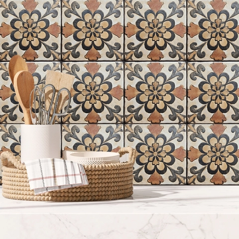 Retro Mandala Pattern Tile Stickers Waterproof PVC Self Adhesive Wall Decals For Kitchen Bathroom Home Decor Vintage Style