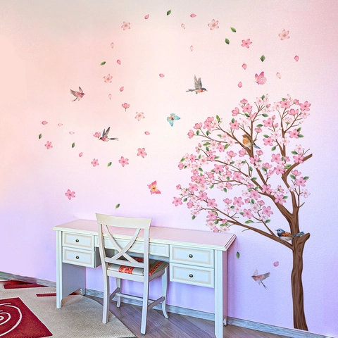 Vinilo de Pared Árbol de Cerezo Rosa Grande DIY Flores Pájaros Mariposas Adhesivo Decorativo para Sala de Estar Dormitorio Infantil