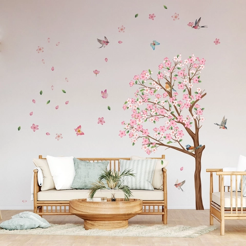 Vinilo de Pared Árbol de Cerezo Rosa Grande DIY Flores Pájaros Mariposas Adhesivo Decorativo para Sala de Estar Dormitorio Infantil