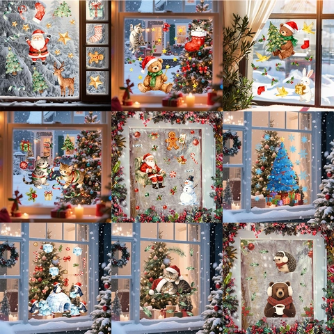 Christmas Window Stickers PVC Watercolor Cartoon Animal Santa Snowman Static Cling For Home Festival Glass Decoration
