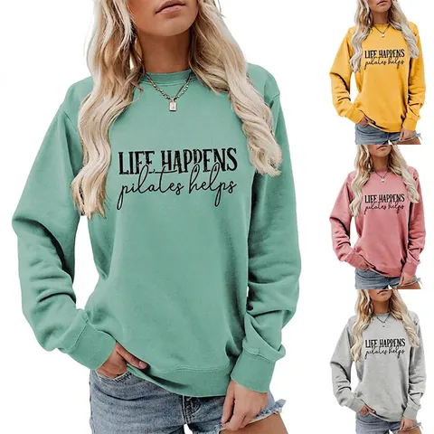 Sweatshirt Femme Col Rond Mélange De Coton Manches Longues Imprimé Lettres Pull Décontracté Pour Pilates Exercice