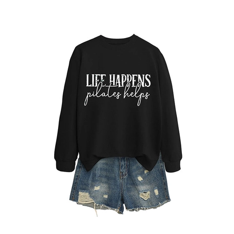Sweatshirt Femme Col Rond Mélange De Coton Manches Longues Imprimé Lettres Pull Décontracté Pour Pilates Exercice