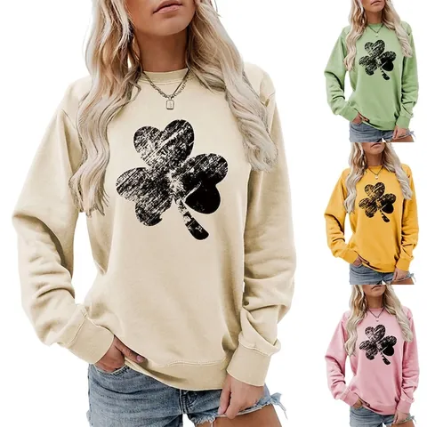 Damen Pullover Sweatshirt Rundhals Langarm Kleeblatt Druck Baumwollmischung Lässig St Patricks Day Mode