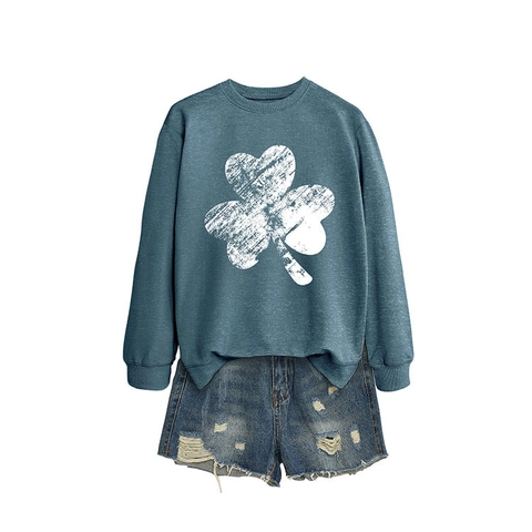 Damen Pullover Sweatshirt Rundhals Langarm Kleeblatt Druck Baumwollmischung Lässig St Patricks Day Mode