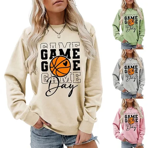 Women Round Neck Pullover Sweatshirt Cotton Blend Long Sleeve Game Day Basketball Heart Print Casual Sports Loose Top