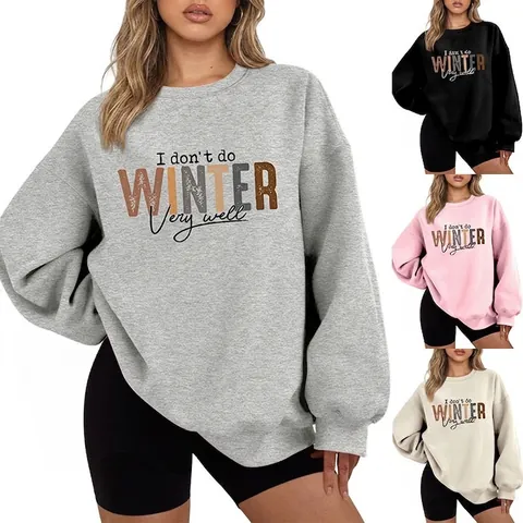 Damen Sweatshirt Rundhalsausschnitt Baumwollmischung Fleece Futter Briefdruck Lockere Pullover Lässige Winter Mode