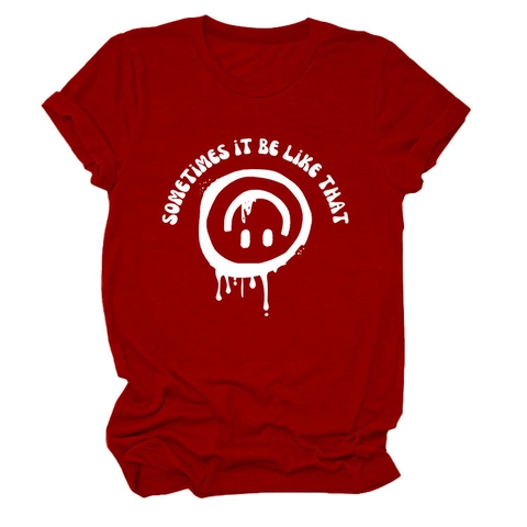 Women Cotton Blend T-Shirt Melting Smiley Face Letter Print Short Sleeve Round Neck Casual Streetwear Vintage Tops