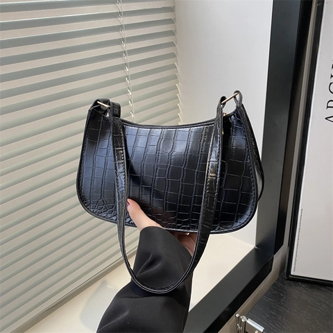 Fashion Women Crocodile Pattern PU Leather Hobo Bag Armpit Shoulder Bag Retro Solid Color Elegant Daily Handbag