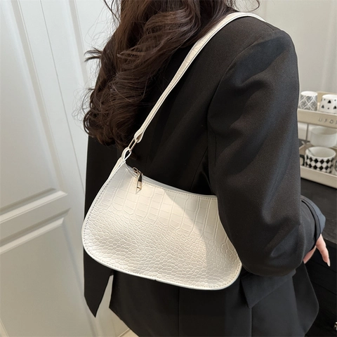 Fashion Women Crocodile Pattern PU Leather Hobo Bag Armpit Shoulder Bag Retro Solid Color Elegant Daily Handbag