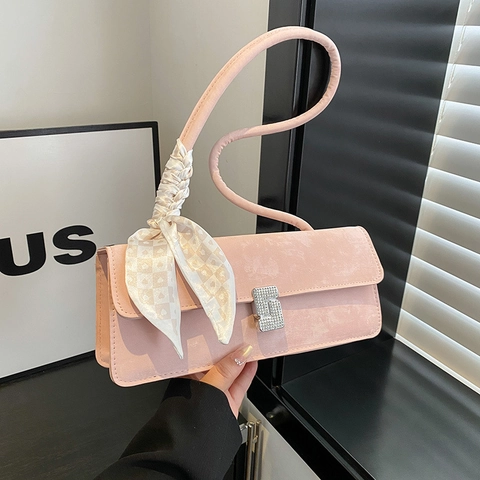 Women Fashion PU Leather Baguette Underarm Bag With Rhinestone Buckle And Decorative Satin Scarf Shoulder Bag Handbag