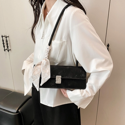 Women Elegant PU Underarm Bag With Satin Scarf Decorative Rhinestone Square Buckle Rectangular Baguette Bag For Daily Dating