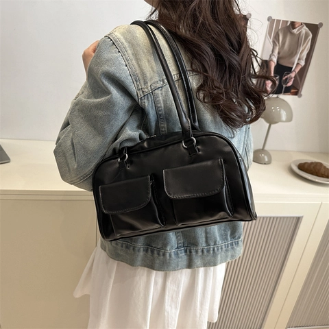 Bolso de Hombro de Cuero PU para Mujer Moda Retro Color Sólido Con Bolsillos Delanteros Dobles Bolso de Axila Versátil Diario