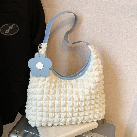 Sac à Épaule Femme Texture à Bulles Pendentif Fleur Bandoulière en Cuir PU Léger Cabas Décontracté Sac Sous le Bras