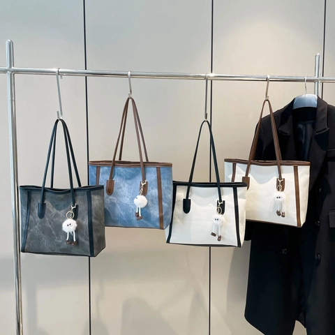 Women's Retro PU Leather Large Capacity Tote Bag Color Block Shoulder Bag With Plush Monster Charm Trendy Daily Handbag