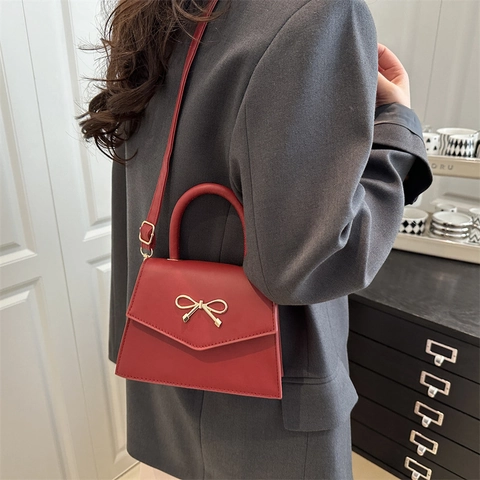 Bow Decor PU Leather Handbag Crossbody Bag Square Single Shoulder Bag Top Handle Fashion Commuter Dating Purse For Women