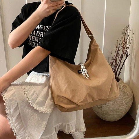 Borsa Hobo in Tela di Grande Capacità per Donna Stile Giapponese Minimalista Tracolla Regolabile Borsa a Tracolla