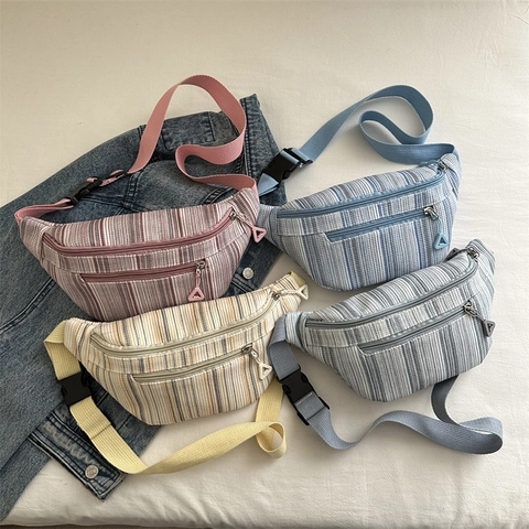 Bolso de Pecho de Lona a Rayas para Mujer Plisado Color de Contraste Gran Capacidad Minimalista Japonés Riñonera Casual