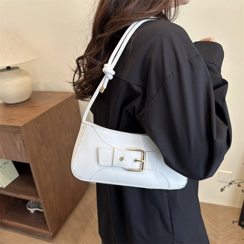 Minimalist Women PU Leather Underarm Shoulder Bag Large Capacity Solid Color Handbag With Belt Buckle Daily Commute Bag