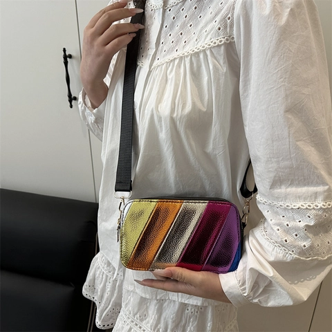 Women Fashion Rainbow Diagonal Striped Crossbody Bag Metallic Litchi Texture PU Leather Camera Bag Wide Fabric Shoulder Strap