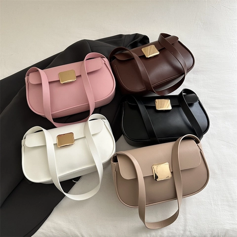 Bolso de Hombro Minimalista de Cuero PU para Mujer Moda Color Sólido Hebilla Dorada Bolso Cuadrado Casual Diario