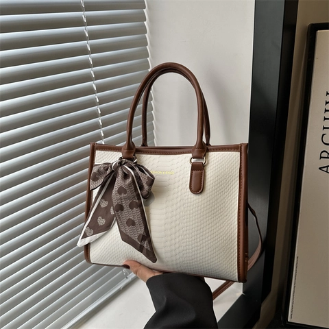 Bolso Tote de Cuero PU con Relieve de Serpiente para Mujer Bolso de Mano Vintage en Bloque de Color Bolso Bandolera con Bufanda Decorativa