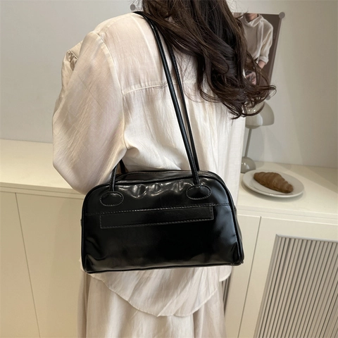 Borsa a Spalla da Donna in Pelle PU di Grande Capacità Borsa da Bowling Retrò Minimalista con Cerniera Sottobraccio Shopping Bag per Pendolari
