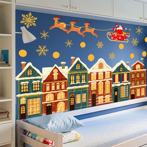 Adesivi Murali Natale Babbo Natale Renna Fiocco Di Neve Casa PVC Impermeabile Autoadesivo Decorazione Per Stanza Festiva