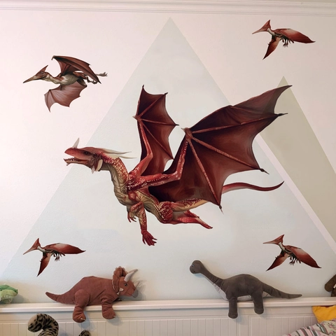 Juego de Pegatinas de Pared de Dragón Rojo y Pterosauro Realistas Pintadas a Mano de PVC Autoadhesivas para Habitación de Niños