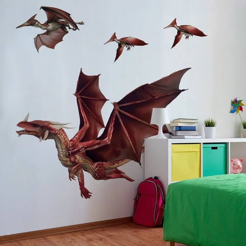 Juego de Pegatinas de Pared de Dragón Rojo y Pterosauro Realistas Pintadas a Mano de PVC Autoadhesivas para Habitación de Niños