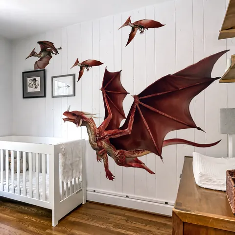 Juego de Pegatinas de Pared de Dragón Rojo y Pterosauro Realistas Pintadas a Mano de PVC Autoadhesivas para Habitación de Niños