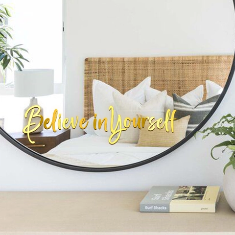 Moderner Goldner Spiegel 3D Wandaufkleber Inspirierendes Zitat Believe In Yourself PVC Dekorative Aufkleber Für Schlafzimmer Bad