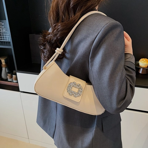 Borsa a Spalla Baguette da Donna alla Moda con Fibbia in Strass in Pelle PU Borsa Sottobraccio Elegante da Festa