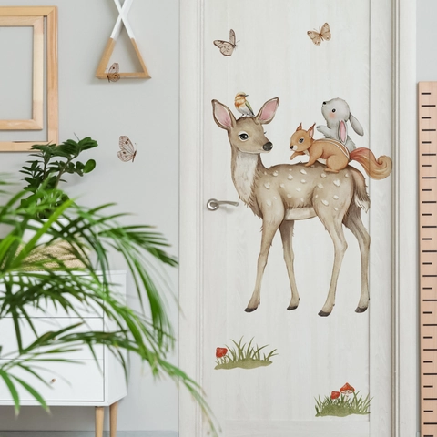 Stickers Muraux Animaux de la Forêt Aquarelle Cerf Écureuil Lapin Papillon PVC Imperméable pour Chambre d'Enfant Décor Maison