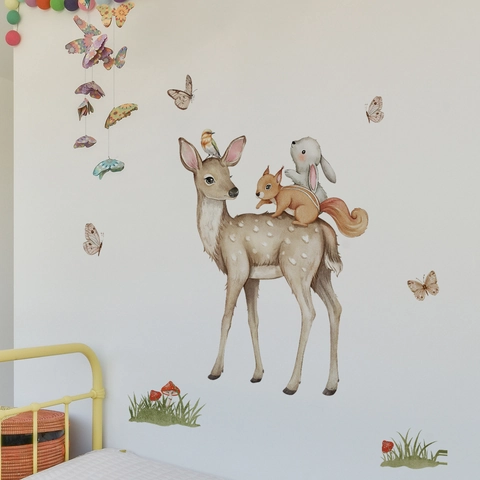 Stickers Muraux Animaux de la Forêt Aquarelle Cerf Écureuil Lapin Papillon PVC Imperméable pour Chambre d'Enfant Décor Maison