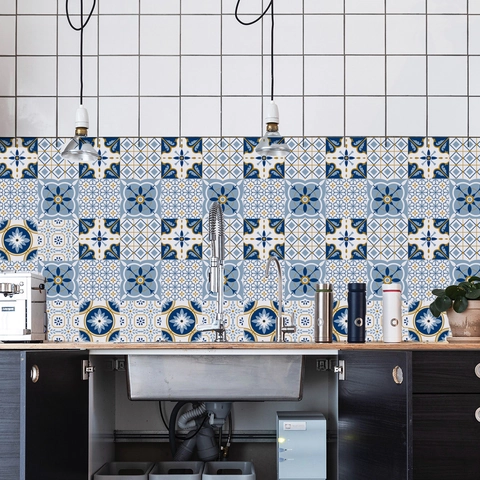 Retro Mediterranean Self Adhesive Tile Stickers For Kitchen Bathroom Waterproof PVC Mandala Geometric Pattern Wall Decals
