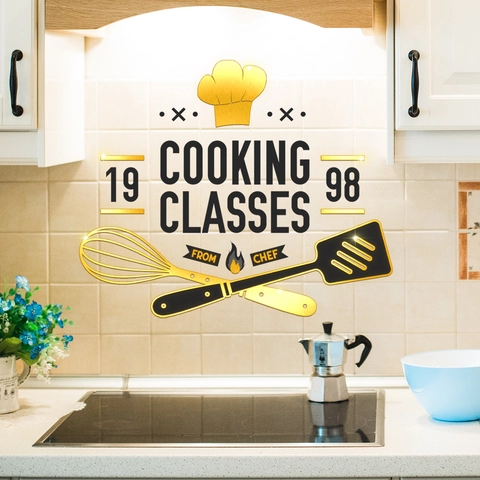 Vinilo Pared Retro Clases Cocina Gorro Chef Batidor Espátula Cocina Decoración PVC Oro Negro Autoadhesivo Para Restaurante