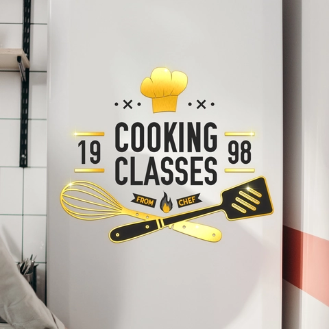 Vinilo Pared Retro Clases Cocina Gorro Chef Batidor Espátula Cocina Decoración PVC Oro Negro Autoadhesivo Para Restaurante