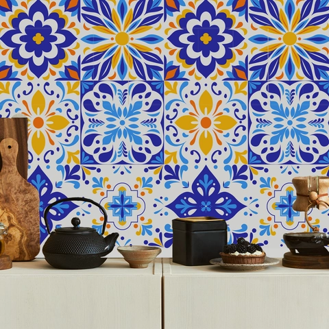 Moroccan Style PVC Tile Stickers Waterproof Self Adhesive Wall Decals For Kitchen Bathroom Home Decor Mandala Pattern Tile Mural