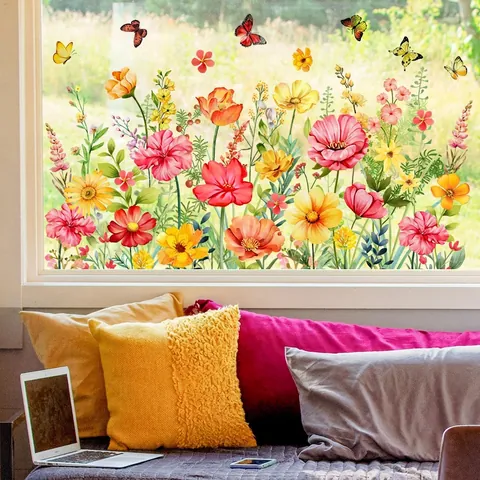 Blumen Schmetterling Fensteraufkleber Statische Haftung Glasaufkleber PVC Doppelseitig Aquarell Deko Wohnzimmer Schlafzimmer