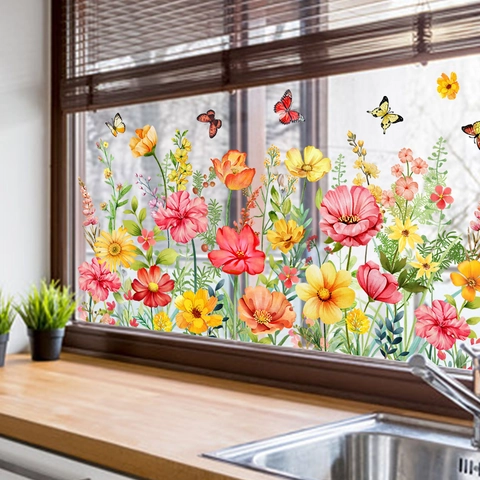 Blumen Schmetterling Fensteraufkleber Statische Haftung Glasaufkleber PVC Doppelseitig Aquarell Deko Wohnzimmer Schlafzimmer