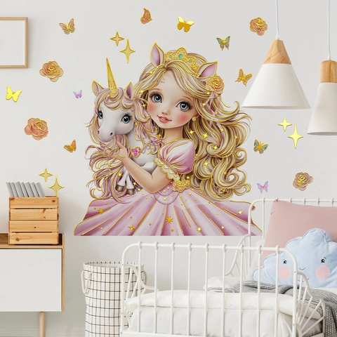 Adesivi Murali Principessa Unicorno Rosa Stampa Oro PVC Impermeabile Autoadesivo Per Cameretta Bambine Bambini Decorazione