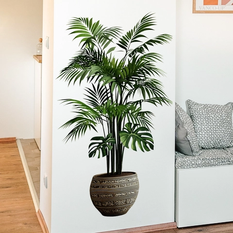 Sticker Mural Plante Tropicale PVC Autocollant Amovible Feuilles De Monstera Et Palmier Dans Pot Ethnique Décor Maison