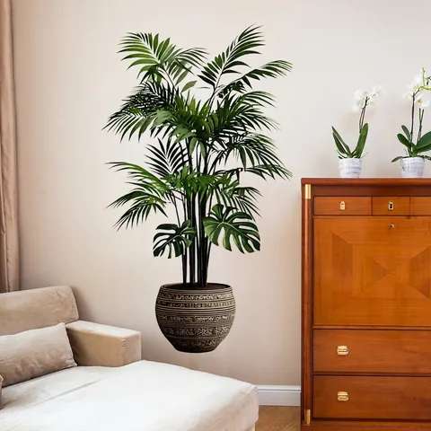 Sticker Mural Plante Tropicale PVC Autocollant Amovible Feuilles De Monstera Et Palmier Dans Pot Ethnique Décor Maison