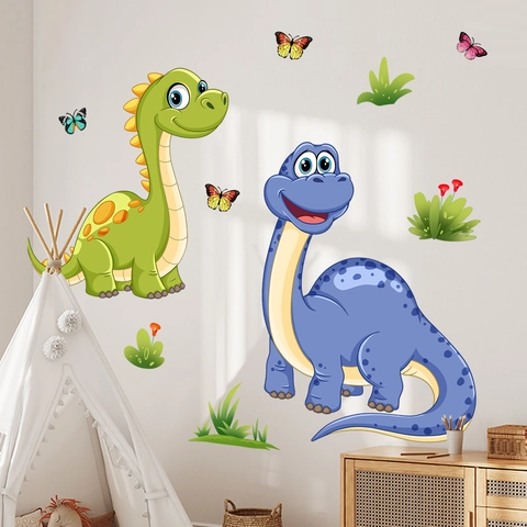 Autocollants Muraux Dinosaures Dessin Animé PVC Adhésif Imperméable Brachiosaure Papillon Décoration Chambre Enfant