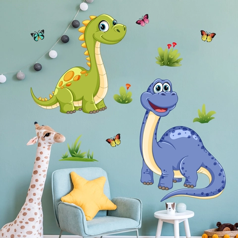 Autocollants Muraux Dinosaures Dessin Animé PVC Adhésif Imperméable Brachiosaure Papillon Décoration Chambre Enfant