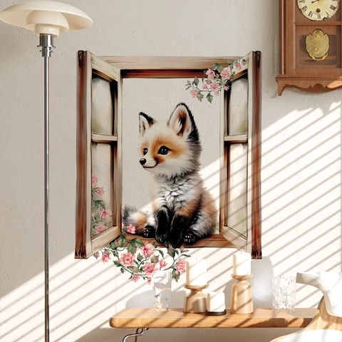 Sticker Mural 3D Fausse Fenêtre Renard Assis sur un Cadre en Bois Fleurs Roses Imperméable Autocollant Mural en PVC Décor